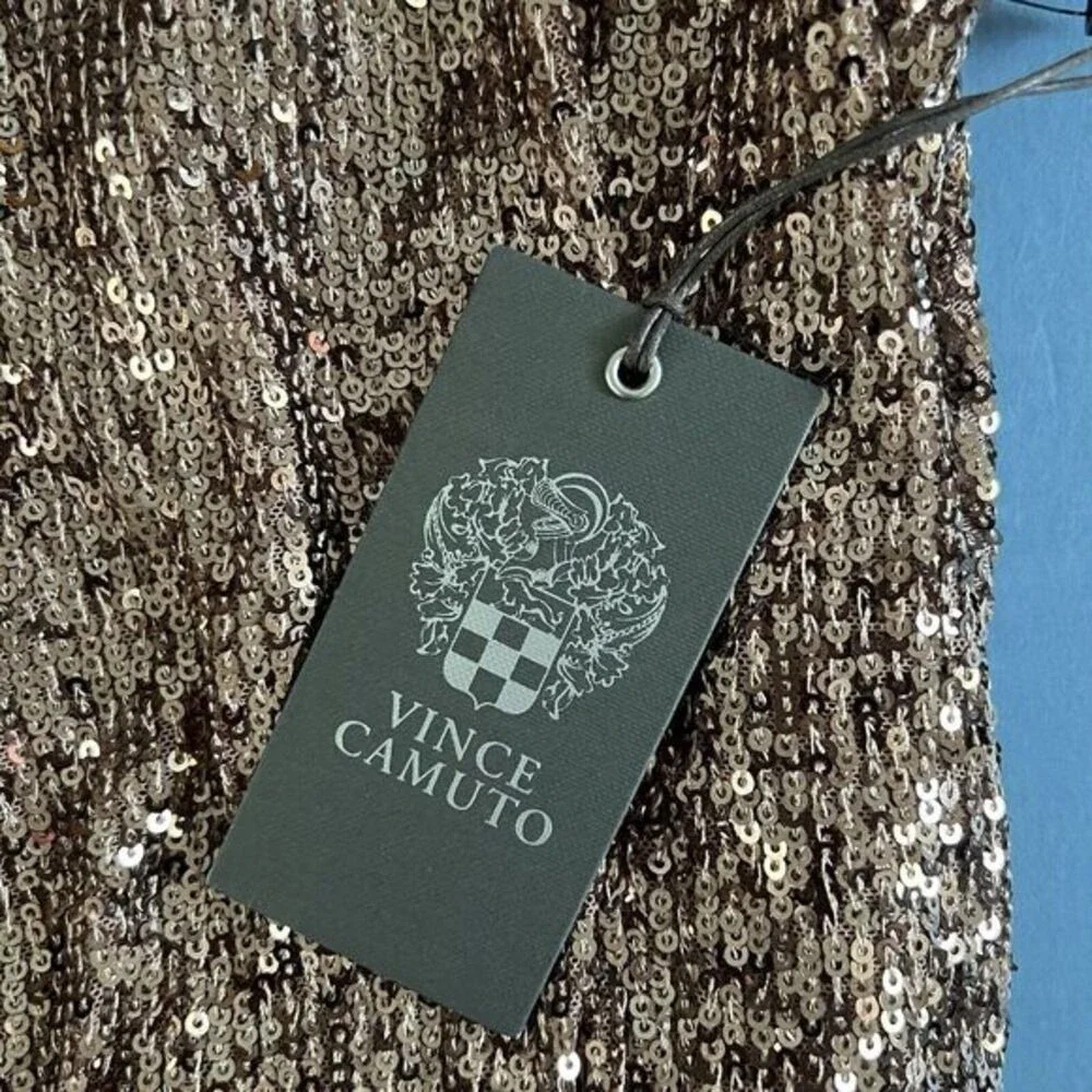 NWT‎ Vince Camuto Jewel Neck 3/4 Length Ballon Sleeve Gold Copper Sequin Dress